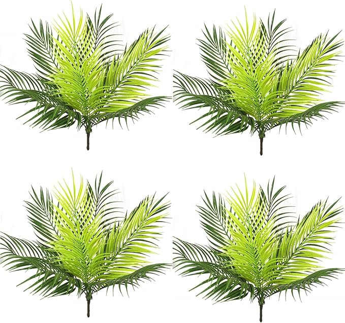 PASYOU Artificial Plants Fake Palm Tree Tropical Shrubs 4 Pack, Plastic Greenery Faux Big Leaves Stems Plant for Indoor Outdoor Home Garden Decor Bedroom Wedding Party DIY Filler Decoration