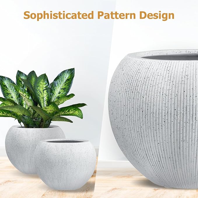 16" H x 20" D Premium Ribbed Globo Fiberstone Round Planter with Drainage Hole, Weather Resistant for Indoor and Outdoor Use, Included 2 Extra Coco Mats (Speckled White, 13.5" Pot Opening)