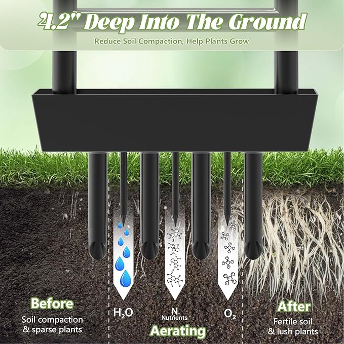 COZEER Lawn Aerator Tool with 4 Hollow Tines & 3 Spike Tines, Aerator Lawn Tool with Soil Core Storage Tray, Grass Aerator for Yard Aerator, Manual Lawn Core Aerator & Yard Aerator Garden Tool