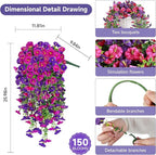 Artificial Hanging Flowers for Outdoors, 2 PCS 300 Blooms UV Resistant Morning Glory Faux Silk Vines, No-Odor Realistic Fake Plants for Garden Planter Porch Patio Decoration, Fuchsia & LightPurple