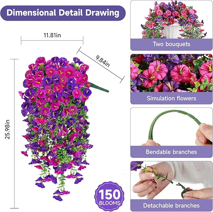 Artificial Hanging Flowers for Outdoors, 4 PCS 600 Blooms UV Resistant Morning Glory Faux Silk Vines, No-Odor Realistic Fake Plants for Garden Planter Porch Patio Decoration, Fuchsia & LightPurple