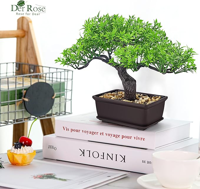 Der Rose 8 Inch Artificial Bonsai Tree Small Fake Plants Decor for Bathroom Office Desk Table Shelf Japanese Zen Ficus Decor Indoor