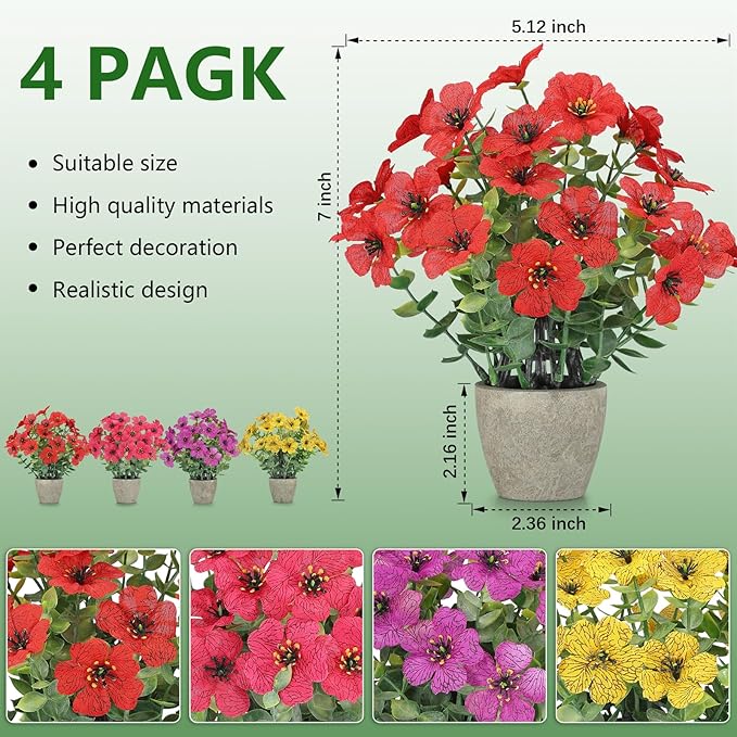 4 Pack Small Fake Plants Potted Artificial Plants Artificial Flowers Potted Faux Flower Daisy with Eucalyptus Leaves for Home Decor Office Room Farmhouse Indoor Table Bathroom Decor （Mixed）