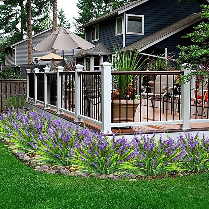 obbsie 12 Bundles Artificial Plants Outdoor, 18.2" UV Resistant Faux Monkey Grass Greenery Stems No Fade Faux Plastic Flowers Shrubs for Home Weddings Garden Porch Front Patio Office Decor - Purple