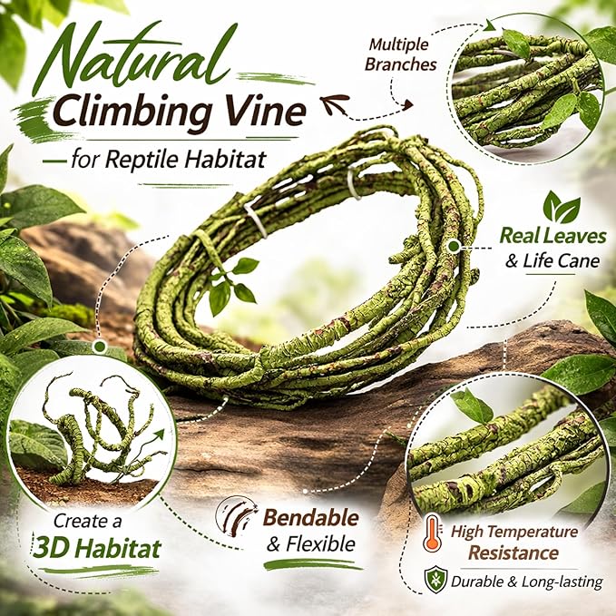 HERCOCCI Reptile Vines, Flexible Jungle Climbing Vines Terrarium Plastic Plants and Leaves Tank Accessories Decor for Gecko Snake Lizard Bearded Dragon Hermit Crab Frog