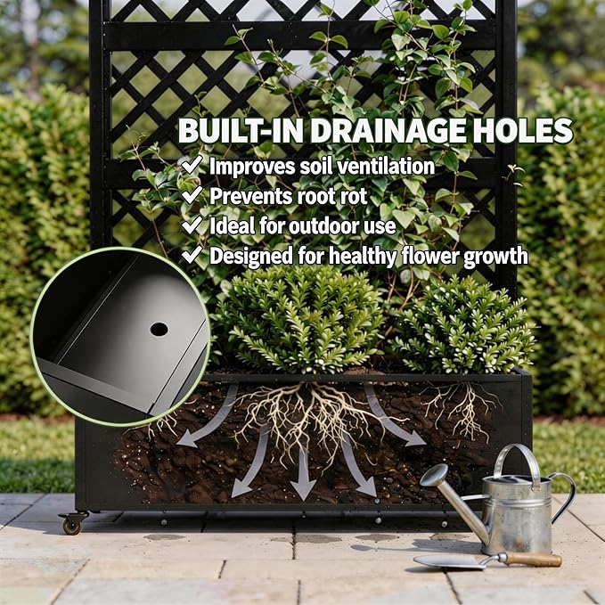 Privacy Planters for Patio, 73" Ornamental Metal Planter Box with Trellis & Locking Wheels, Scrollwork Arch Raised Garden Bed for Climbing Plants Roses Vines, Outdoor Flower Box with Drainage
