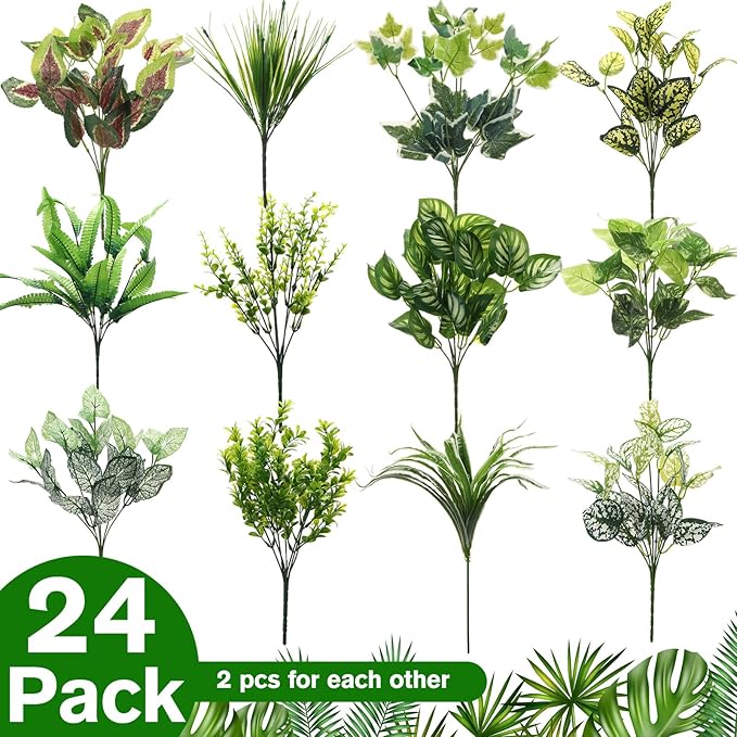 Cindeer 24 Pcs Artificial Flowers Planters for Outdoors, UV Resistant Faux Fake Greenery Plastic Plants Outdoor Indoor for Spring Summer Decors Wedding