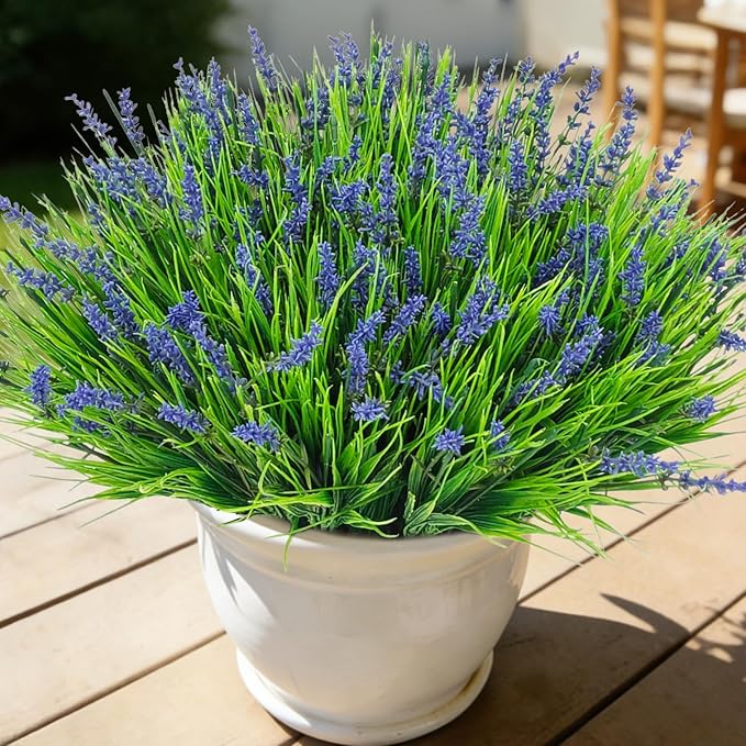 24 Bundles Artificial Plants Flowers Outdoor, Faux Lavender Flowers Fake Monkey Grass UV Resistant Plastic Plant for Porch Garden Patio Window Home Decor, Purple