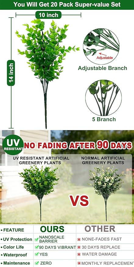 TURNMEON 20 Bundles Artificial Greenery Plants Outdoor Spring Summer Decor, UV Resistant Fake Plants Boxwood Shrubs Grass,Faux Eucalyptus Flowers for Farmhouse Gardens Home Patio Indoor Outdoor(Green)