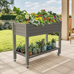 DWVO Raised Garden Bed Kit, 3.6 x 1.5 x 2.8 FT Outdoor Plastic Planter Box with Wheels and Legs, Garden Box with Drain Plug & Storage Shelf for Planting Vegetables, Flowers, and Herbs, Light Brown