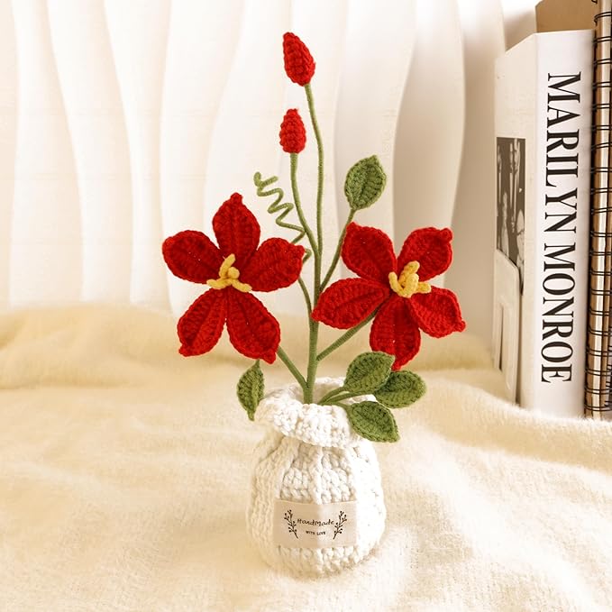 Hand-Woven Crochet Flowers, Simulation of Lotus Potted Plants, Used for Living Room Decoration, Garden, Balcony, Coffee Table Decoration for Family and Friends Lover Anniversary (Red)