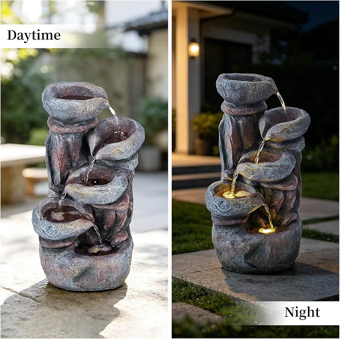 Solarbloom 19.9" H Water Fountain Outdoor/Indoor, Garden Fountain, 5-Tiers Cascading Stacked Stone Bowl Waterfall Fountain with LED Lights for Patio Yard Deck Decor