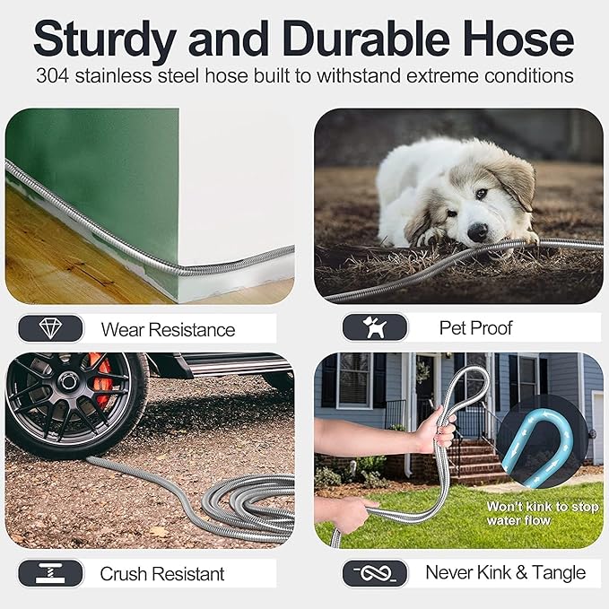 SPECILITE 1/2" 304 Stainless Steel Garden Hose, 25FT Water Pipe with Heavy Duty Metal Nozzle for Yard, Outdoor, Lawn - Flexible, Never Kink & Tangle, Puncture Resistant