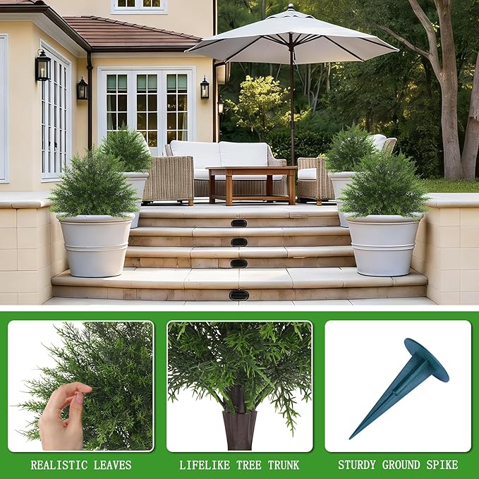 23" Artificial Cedar Topiary Ball Trees with Spike, Set of 2 UV Resistant Fake Evergreen Bushes Shrubs Trees, Realistic Faux Cypress Plants for Outdoor Indoor