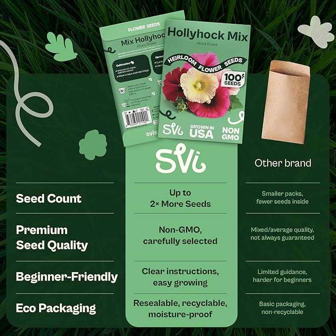 SVI 100 Mix Hollyhock Seeds (Alcea rosea) - Mallow, Common Hollyhock Seed Packets, Attracts Hummingbirds - Heirloom Flower Seeds for Outside & Inside, Meadows, Fences, Beds