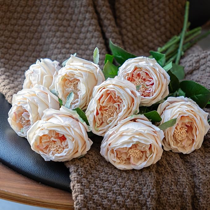 DUYONE Fake Flowers for Decoration Home Decor Artificial Flowers Austin Rose Peony Latex Fake Flower Living Room Decoration Vivid Pink Roses Peonies (Champagne 4pcs)