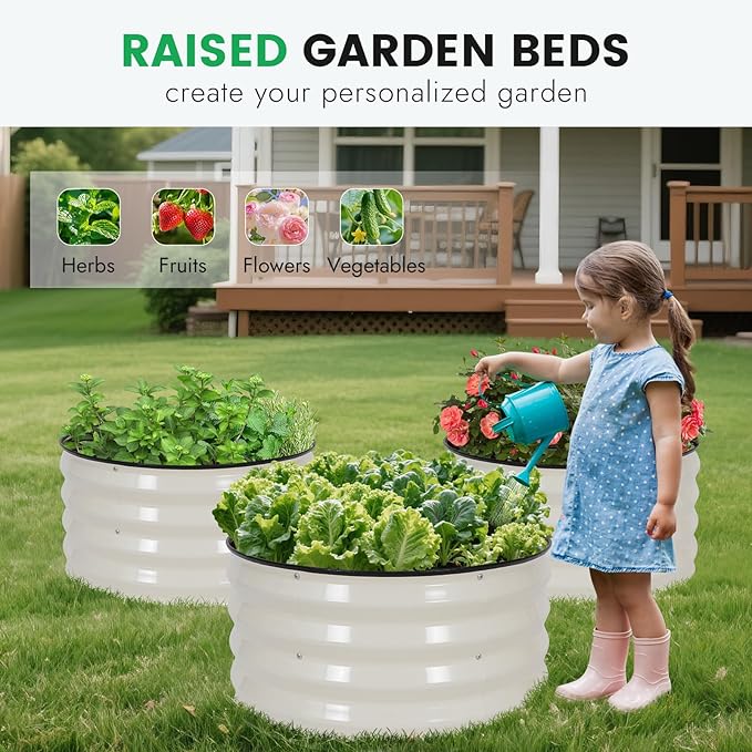 INNO STAGE 3 Pcs Round Galvanized Raised Garden Bed — 2×2×1ft Planter Box Outdoor Raised Beds Kit for Gardening Vegetables, Fruits, Herbs, and Flowers, White