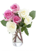 KaBloom - Bouquet of Long Stemmed Pink and White Roses (Half Dozen) - With Vase- Fresh Flowers for Birthday, Valentine's & Mother's Day