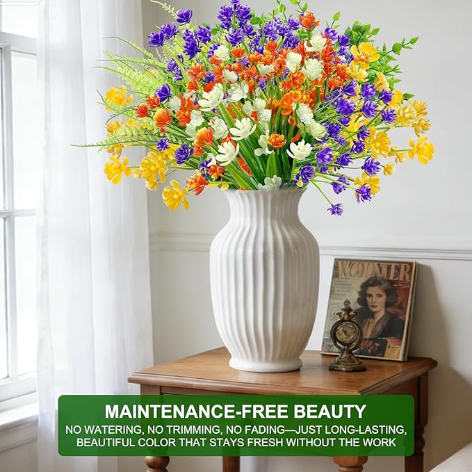 TURNMEON 20 Bundles Artificial Flowers for Outdoors, Spring Grass Camellia Fake Flowers Fern Plants Eucalyptus UV Resistant No Fade Greenery for Garden Porch Indoor Cemetery Summer Decor(Mix 6 Styles)