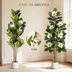 GarveeHome Faux Rubber Tree, 60 Inch Artificial Plants Indoor with Real Touch Leaves and Multi Trunks, Artificial Tree Fake Potted Plants with White Flowers for Home Decor Office Living Room