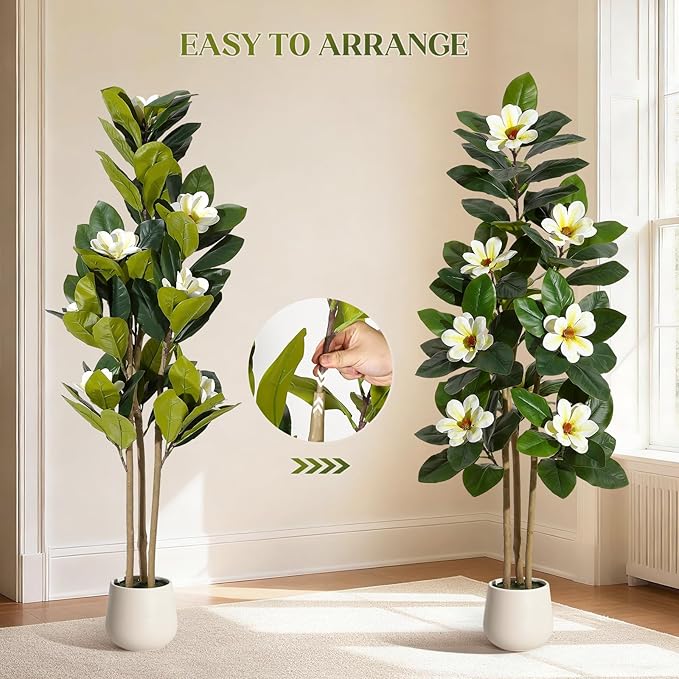 GarveeHome Faux Rubber Tree, 60 Inch Artificial Plants Indoor with Real Touch Leaves and Multi Trunks, Artificial Tree Fake Potted Plants with White Flowers for Home Decor Office Living Room