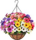 Ouddy Decor Artificial Hanging Flowers with Basket, Fake Silk Hanging Flowers in Coconut Lining Basket Faux Hanging Plants for Outdoor Indoor Spring Garden Porch Patio Balcony Home Decor, Multicolor