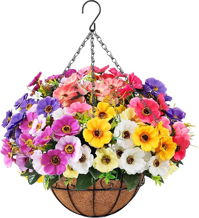 Ouddy Decor Artificial Hanging Flowers with Basket, Fake Silk Hanging Flowers in Coconut Lining Basket Faux Hanging Plants for Outdoor Indoor Spring Garden Porch Patio Balcony Home Decor, Multicolor