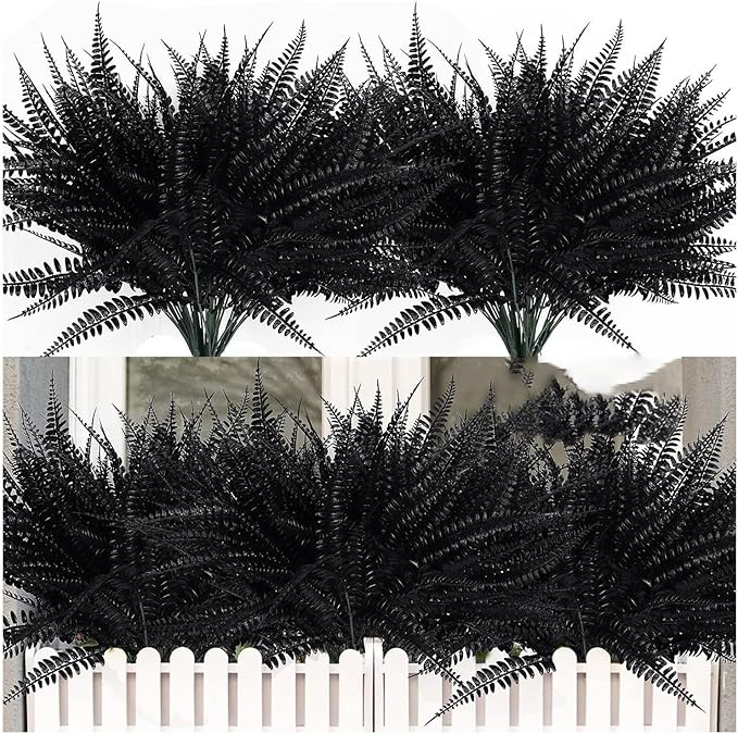 UV Resistant Lifelike Artificial Boston Fern - 2024 New Faux Boston Ferns Outdoor Planter Large, Realistic Fake Feen Hanging Silk Fern Stems Indoor Basket Plant Urn Fillers Front Porch (4, Black)