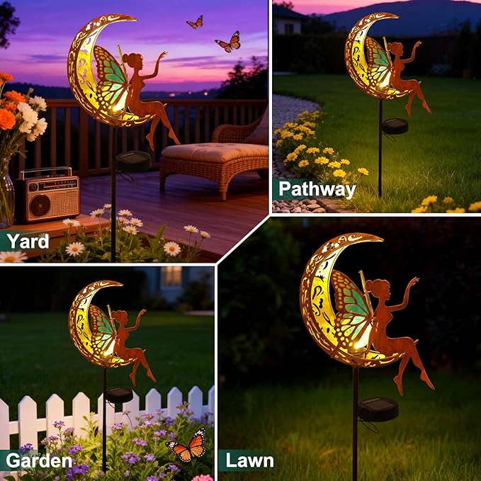 Solar Garden Statues Outdoor Decor with Butterfly Fairy & Moon, Cracked Glass Solar Light Stake, Gradient Wings, Gift for Mother's Day, Housewarming, Pathway & Patio Decor for Yard, Lawn & Garden