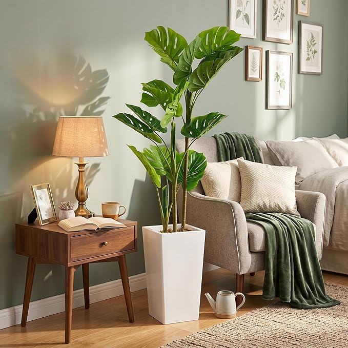 Garvee 4.5FT Artificial Monstera Plant, Faux Tropical Palm Tree with White Tall Planter, Decorative Evergreen Tropical Floor Tree for Living Room, Entryway, Porch, Office