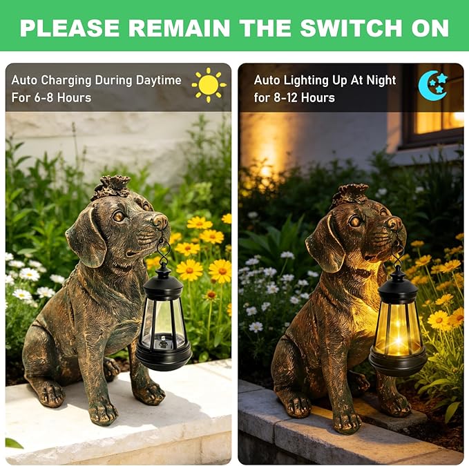 Solar Garden Statue Dog Figurine Decor with Lantern Lights, 11 Inch Outdoor Decoration Solar Dog Sculptures for Outside Patio Lawn Balcony Yard Ornament, Dogs Lover Gifts for Women Mom Mother's Day