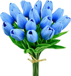 Mandy's Light Blue Artificial Tulips Flowers Centerpiece, 13.5" Lifelike PU Fake Floral Stems 20pcs for Kitchen Island & Dining Table, Spring Decor for Easter