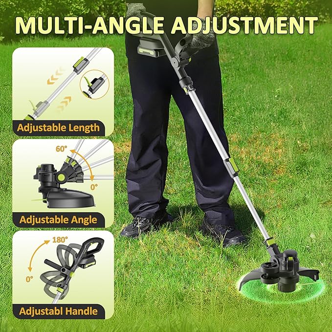 20V Cordless String Trimmer, 2.0Ah Battery Powered with Fast Charger, 12'' Grass Cutter with Auto Line Feed, 3-in-1 Electric Lawn Mower Grass Trimmer & Edger Lawn Tool with 8 Lines for Yard, Garden