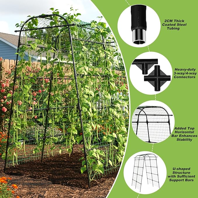 7Ft Garden Arch Trellis for Climbing Plants Outdoor, Heavy Duty Coated Metal Cucumber Trellis for Raised Beds, Tall Steel Gardening Arbor for Vegetables, Tomatoes, Grape, Bean (83’’ x 49’’ x 63’’)