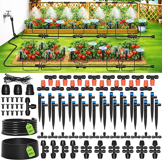 MIXC 250FT Drip Irrigation System Kit, Quick-Connect Garden Misting Watering System with 1/2” 1/4” Tubing Adjustable Nozzles Sprinklers for Indoor Outdoor Garden Potted Plant Lawn Greenhouse