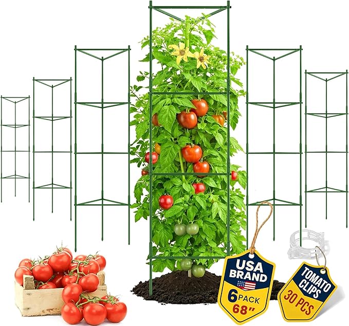 68" Tomato Cage - Trellis Stakes and Plant Support Structures for Vegetables and Climbing Plants - Tall Tomato Cages for Garden, Pots, Raised Garden Bed Outdoor (6 Pack - Extra Tall)