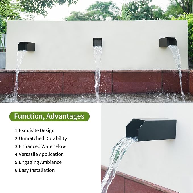 PONDO 4" Square Water Fountain Spout, 316 Stainless Steel Spillway Waterfall Accent Scupper with Integrated Spray Baffle for Landscape Decor, Ponds, Pools, Water Walls, Fountains (Matt Black)