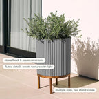 Veradek Demi Series Round Planter w/ Stand for Porch/Patio | Durable Plastic-Concrete & Wooden Stand | Modern Décor for Tall Plants, Flowers