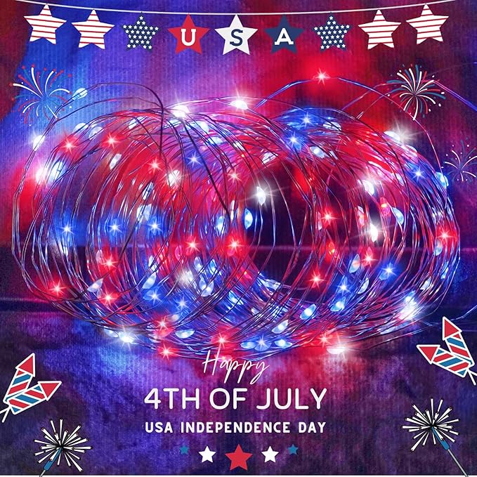 4th of July Decorations Solar String Lights 2Pack 400LED Independence Day Lights for Outside, Red White and Blue Solar Light Waterproof, Copper Wire 8 Modes Twinkle Light for Memorial Day National Day