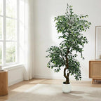 7FT Artificial Ficus Tree Indoor Outdoor, Fake Plants Indoor with White Pot, Realistic White-Edged Leaves Potted Tree for Home Office Decor