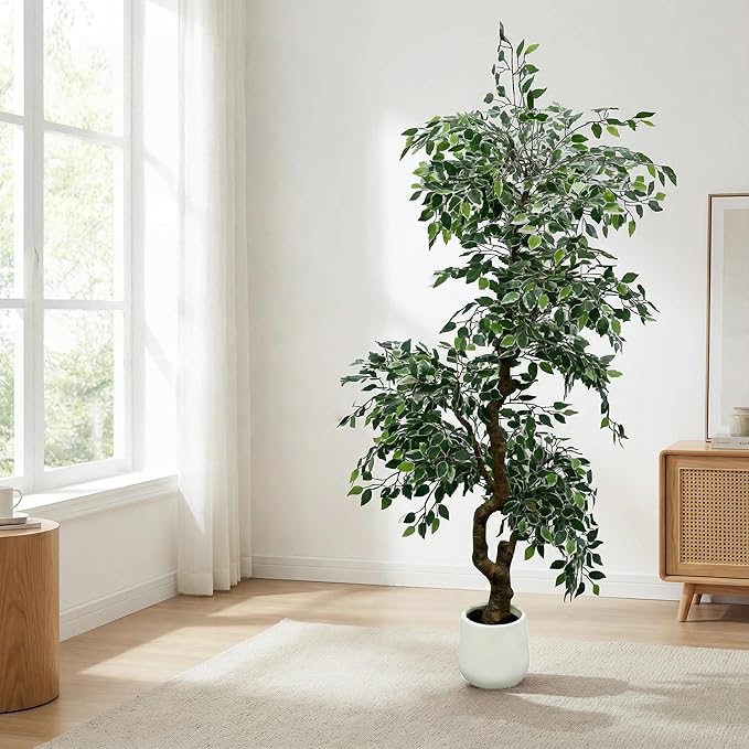 7FT Artificial Ficus Tree Indoor Outdoor, Fake Plants Indoor with White Pot, Realistic White-Edged Leaves Potted Tree for Home Office Decor
