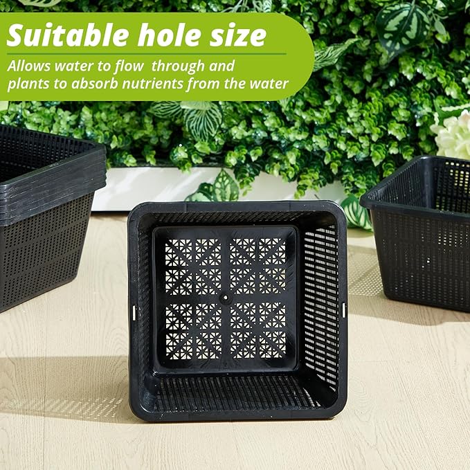 16 Pcs Aquatic Plant Baskets for Hydroponics Water Plant Pots Black Plastic Mesh Basket 9 x 9 x 5.2 Inch Square Pond Containers for Island Live Aquarium Botany Flowers