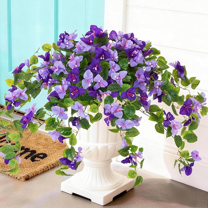 Faux Bougainvillea Artificial Flowers Plants for Outdoor Spring Summer Decoration, 2 Pcs Fake Silk Flower Outside UV Resistant Realistic Long Trailing Vines for Home Porch Patio Balcony Yard(Purple)