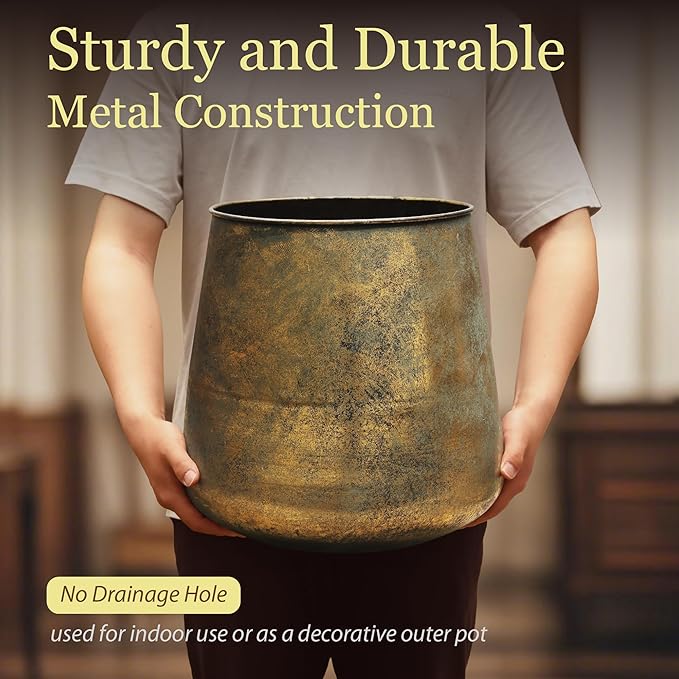 Worth Garden Metal Planters Set of 2, Vintage Gold Round Decorative Containers Flower Pots - Classic Iron Plant Pot for Patio, Front Porch, Indoor Use - Large: 13.5"D x 13.8"H, Small: 9.8"D x 10"H