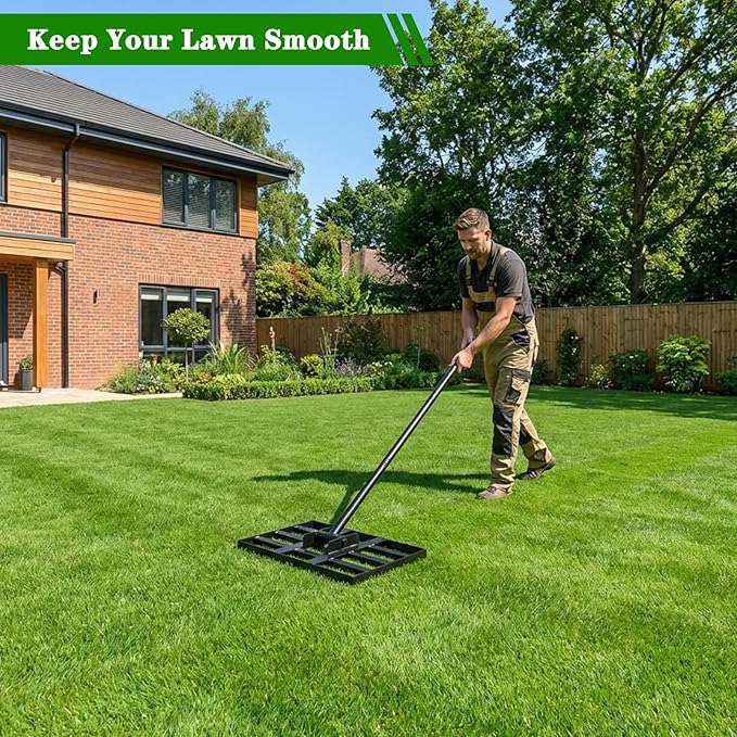 Lawn Leveling Rake 30x10 inch, Heavy Duty Ground Leveler for Soil, Sand, Effortless Smooth Use & Easy Assembly Stainless Steel Landscape Rake for Backyard, Garden, Golf Course, Black