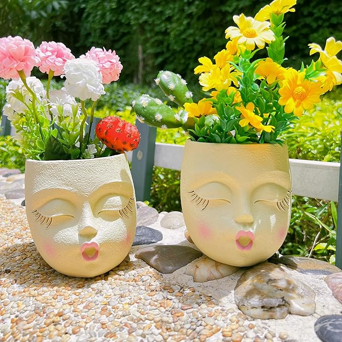 Handcrafted Head Planter Kiss Face Planter Pot Cute Flower Pot Resin Head Face Plant Pots for Succulent with Drainage Pale Yellow 1Pack