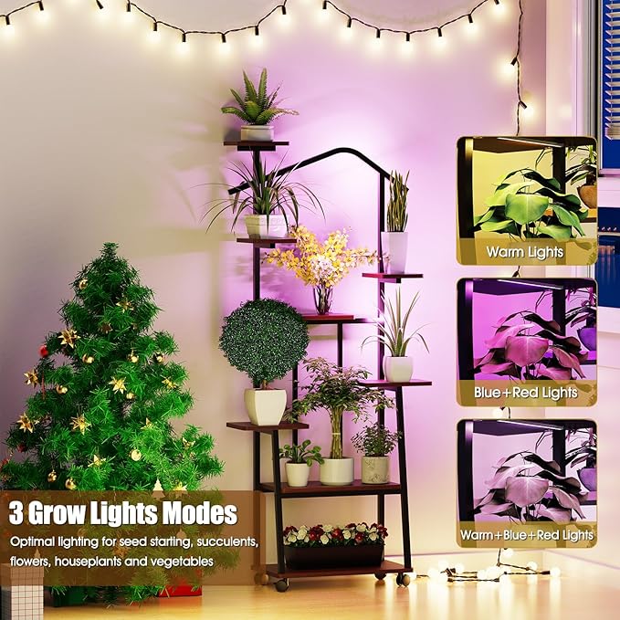 Zelvia 8-Tier Corner Plant Stand with Grow Lights – 65" Tall Metal Indoor Plant Shelf, Multi-Level Display for Plants & Flowers, Ideal for Bedroom Living Room Patio (with Roller)