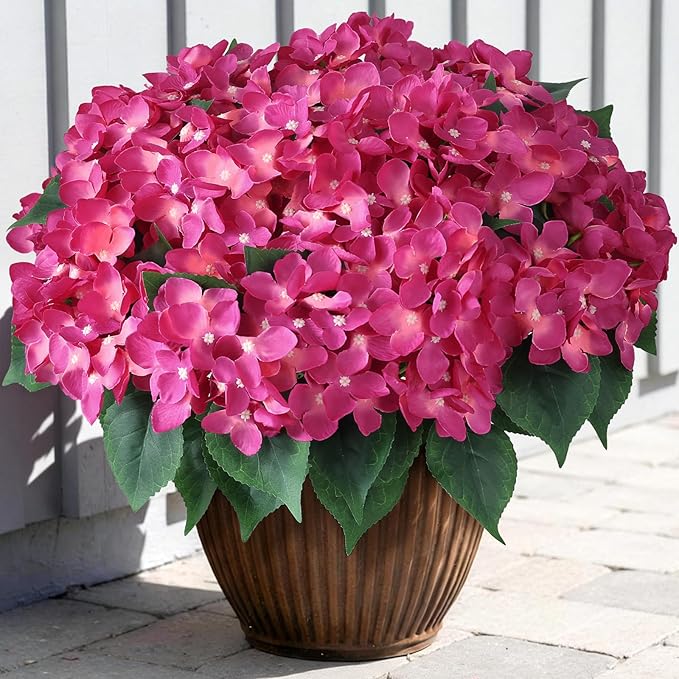 FOTEEWL 16 Bundles Artificial Hydrangea Flowers for Outdoor Decor, Realistic Faux Silk Bouquets Sun-Resistant Fake Plants for Front Door Balcony Farmhouse Garden Home Spring Summer Decor (Rose Red)