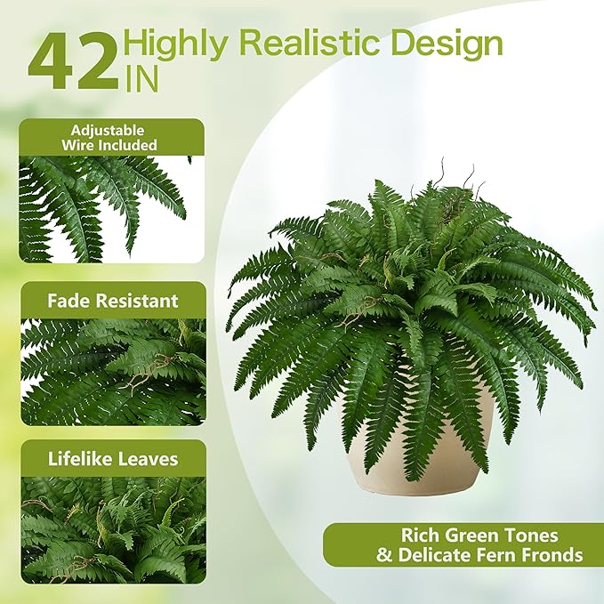 42In Artificial Boston Ferns Bush, Set of 2 Large Faux Ferns Plants, 79 Branches Fake Ferns for Home Living Room Decor, Indoor and Outdoor.