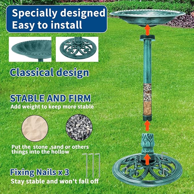 Bird Bath for Outside, Large 28 inch Tall Birdbaths for Outdoors with Solar Water Fountain, Plastic Retro Green Bird Baths Bowl for Outdoor Garden Lawn Yard Patio Hotel Landscape Decor - Wide 20"